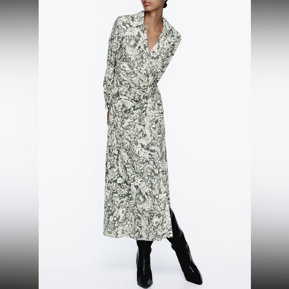 ZARA RUCHED PRINTED MIDI DRESS - Picture 2 of 9